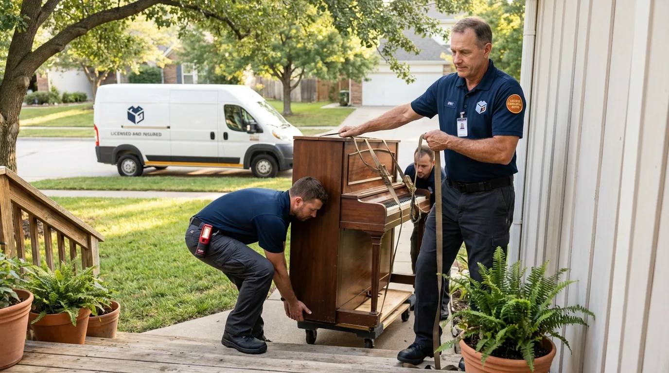 Licensed piano movers securing grand piano in Mendenhall, MS