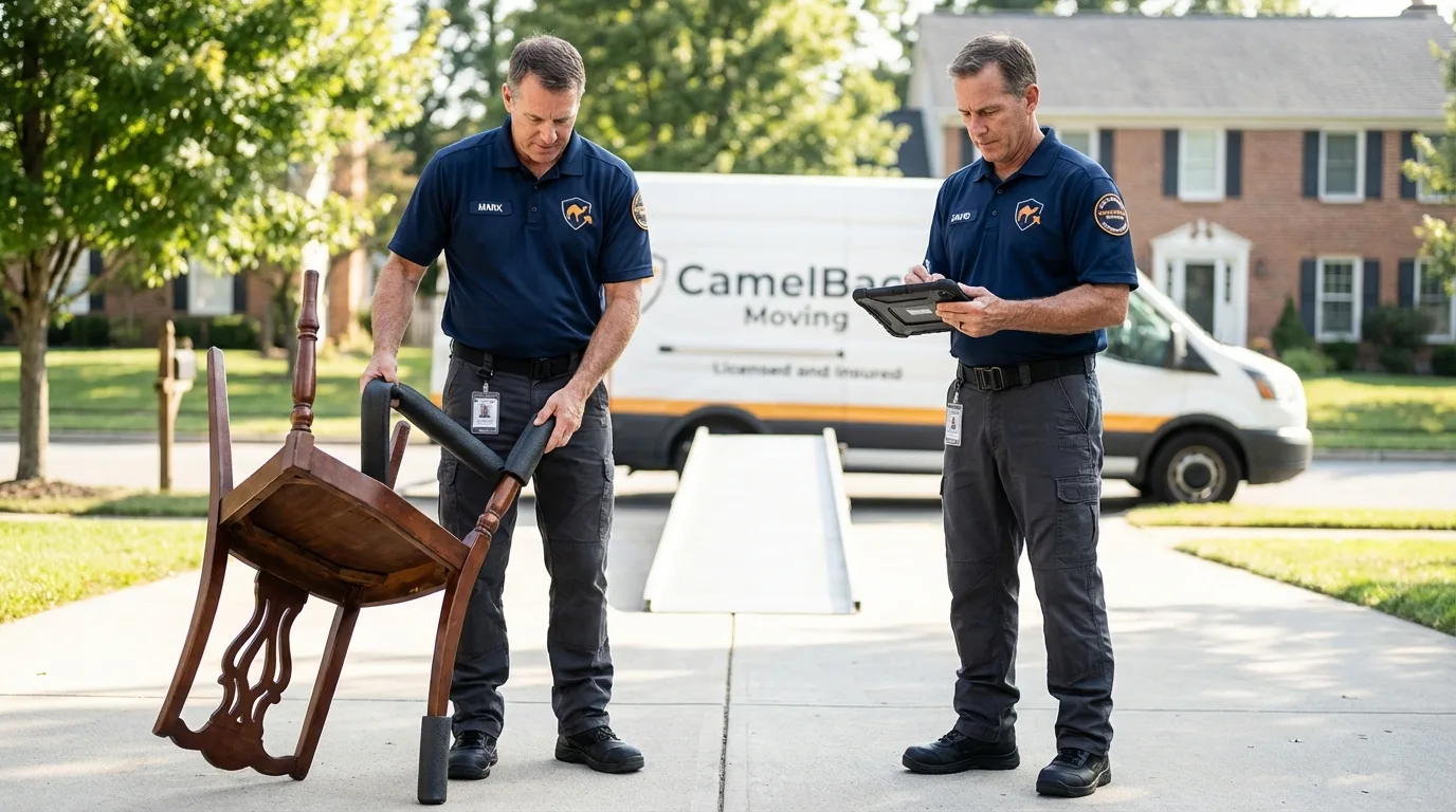 Movers inspecting furniture for damage prevention before loading in Mendenhall, MS